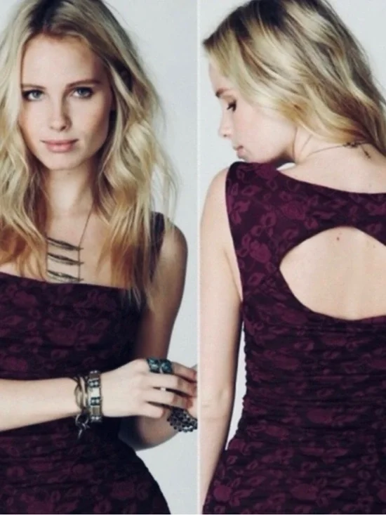 Free People Burgundy and Black Lace Mini Dress Ruched Sides Key Hole Back Med - Picture 2 of 12